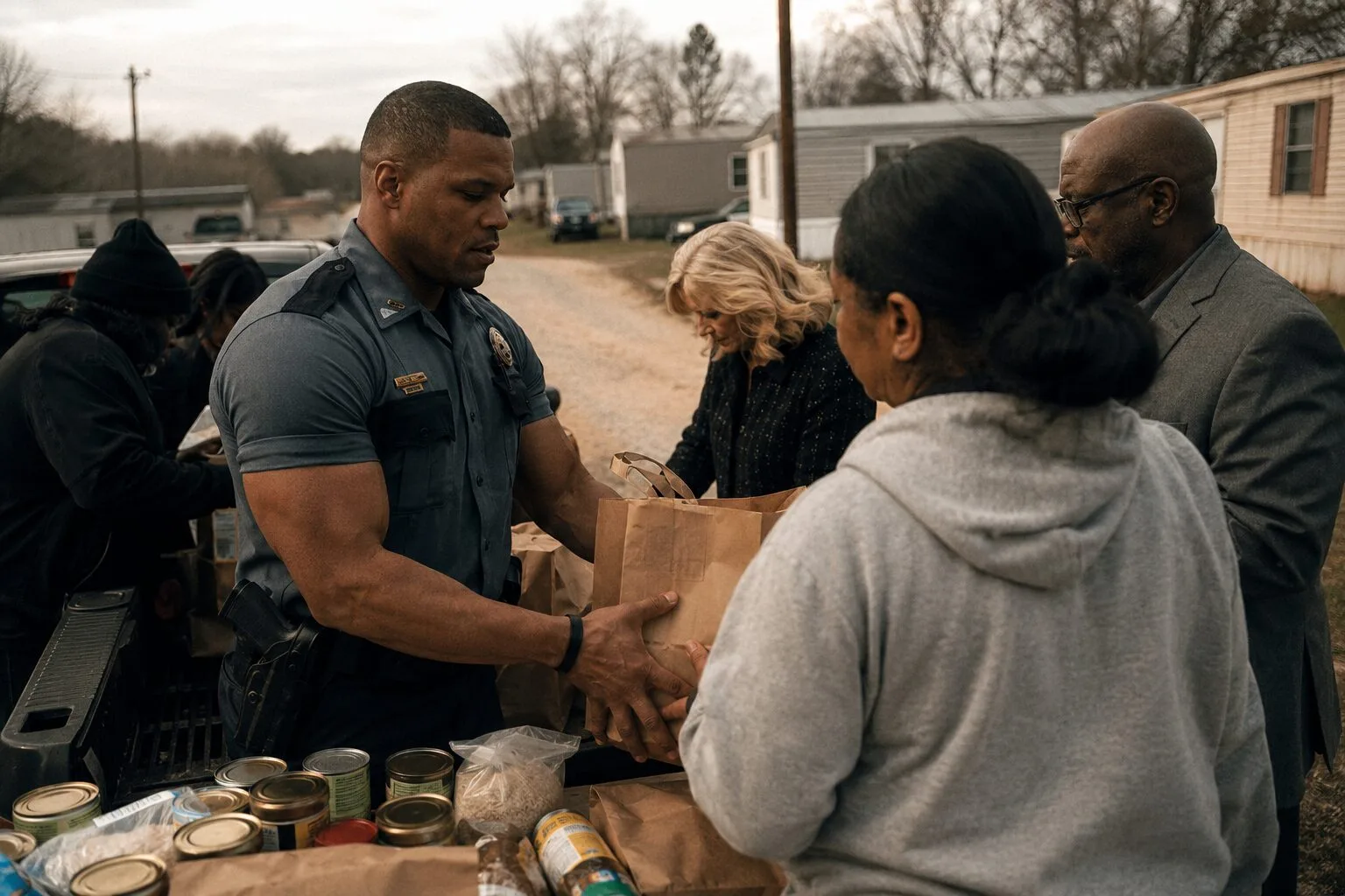A sheriff's deputy distributing food to residents in central Mississippi